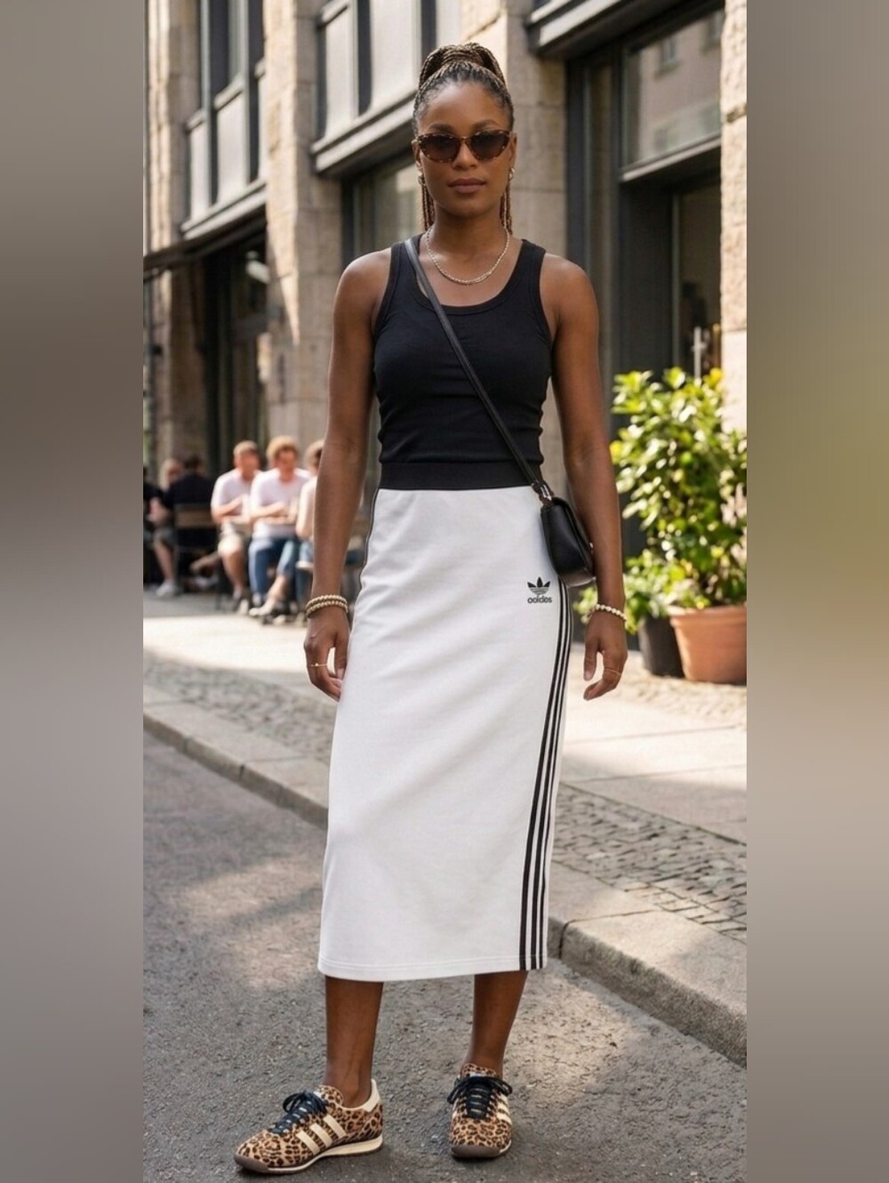 New Adidas White Midi Skirt with Black Waistband & Side Stripes - Picture 2 of 3